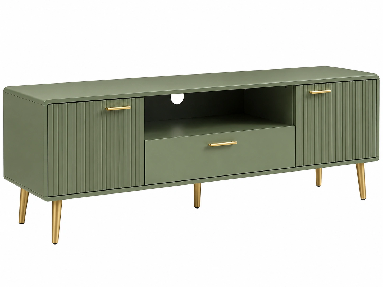 Mueble TV contemporaneo verde oliva con patas doradas y puertas acanaladas para salon moderno-urbanlisse