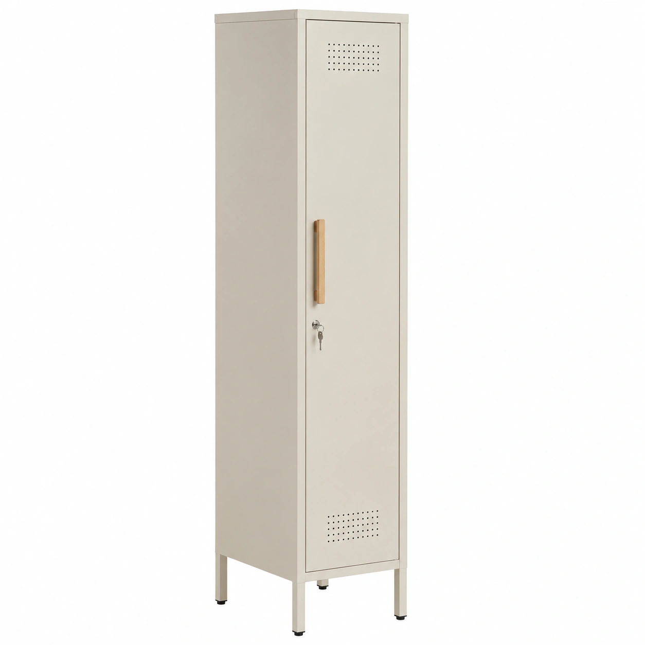 Armario metalico estrecho con cerradura y acabado beige moderno para oficina y vestidor-urbanlisse