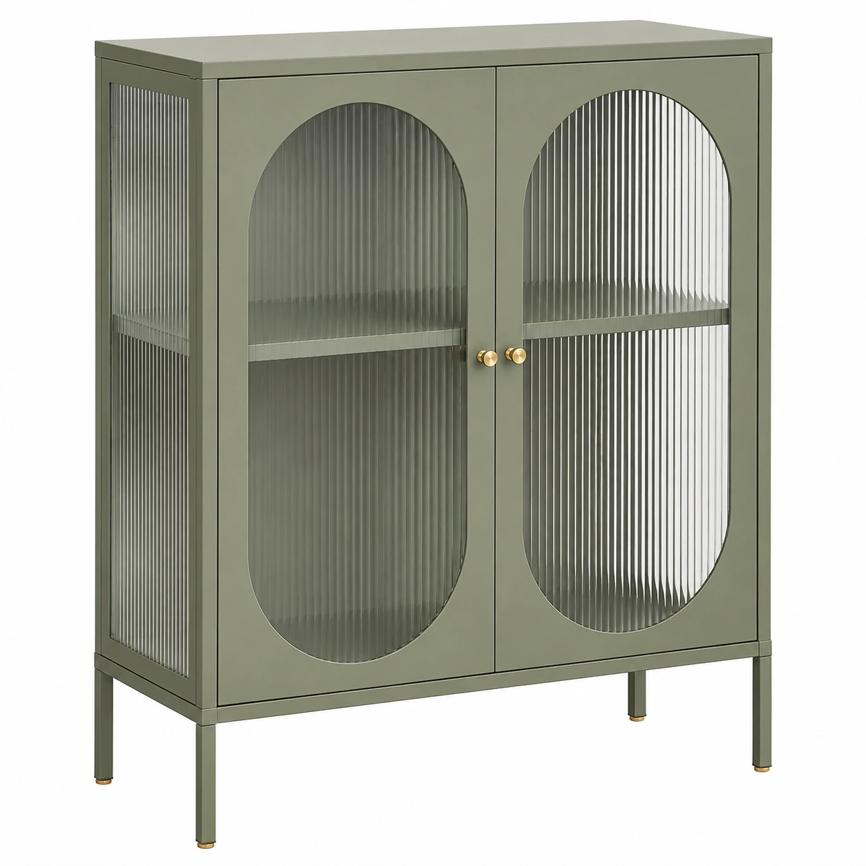 Armario moderno verde oliva con puertas de vidrio acanalado y patas metalicas-urbanlisse