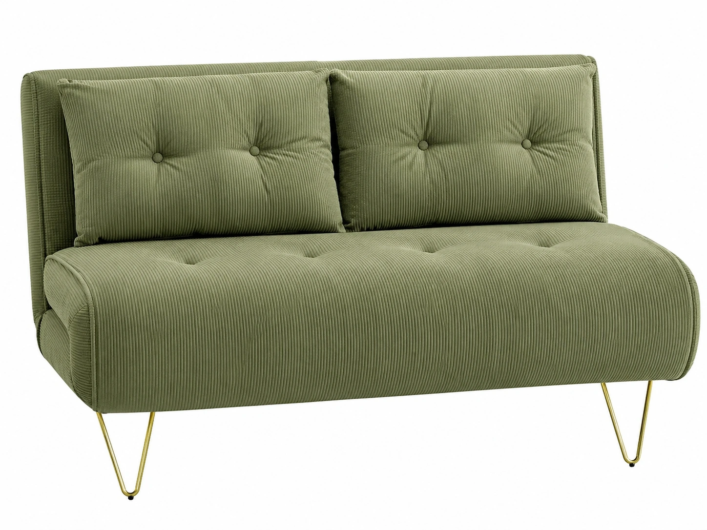 Sofa compacto moderno tapizado en pana verde oliva con patas metalicas doradas y cojines acolchados-urbanlisse