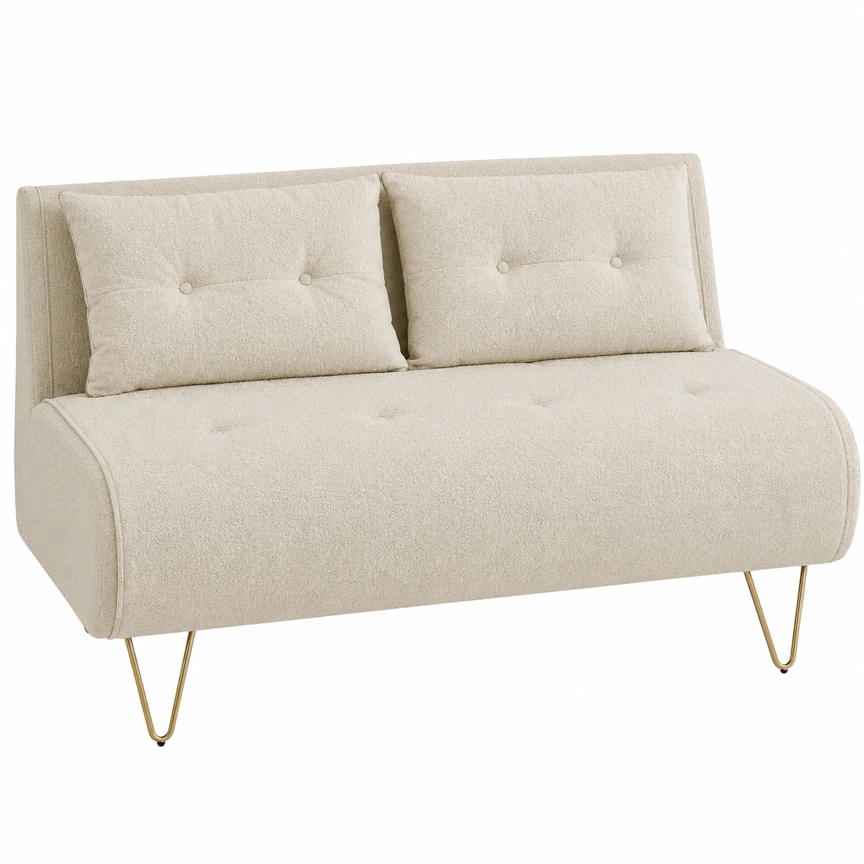 Sofa moderno compacto tapizado en boucle crema con patas metalicas doradas y respaldo acolchado-urbanlisse