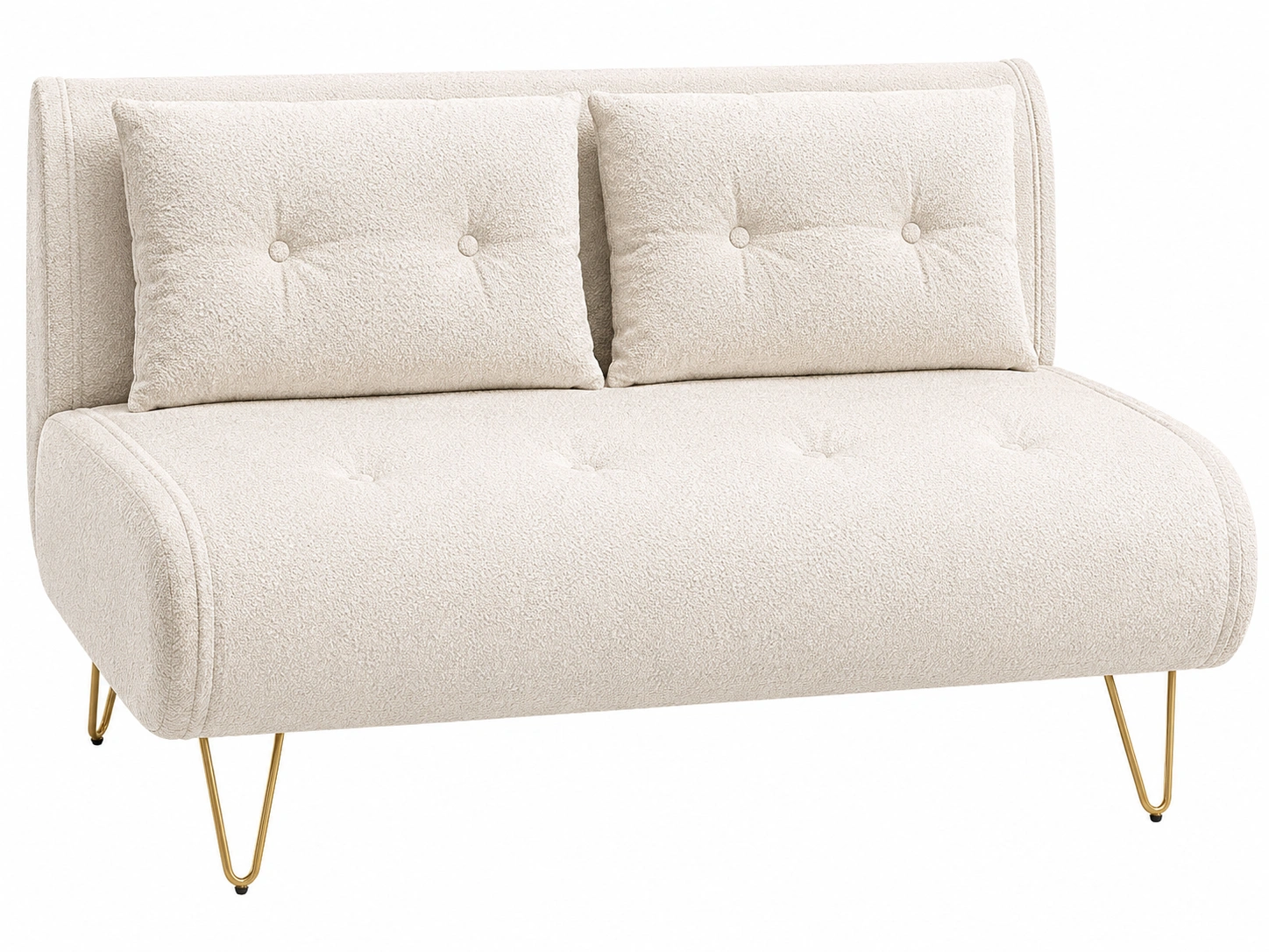 Sofa amplio contemporaneo tapizado en boucle beige claro con patas metalicas doradas y asiento acolchado-urbanlisse