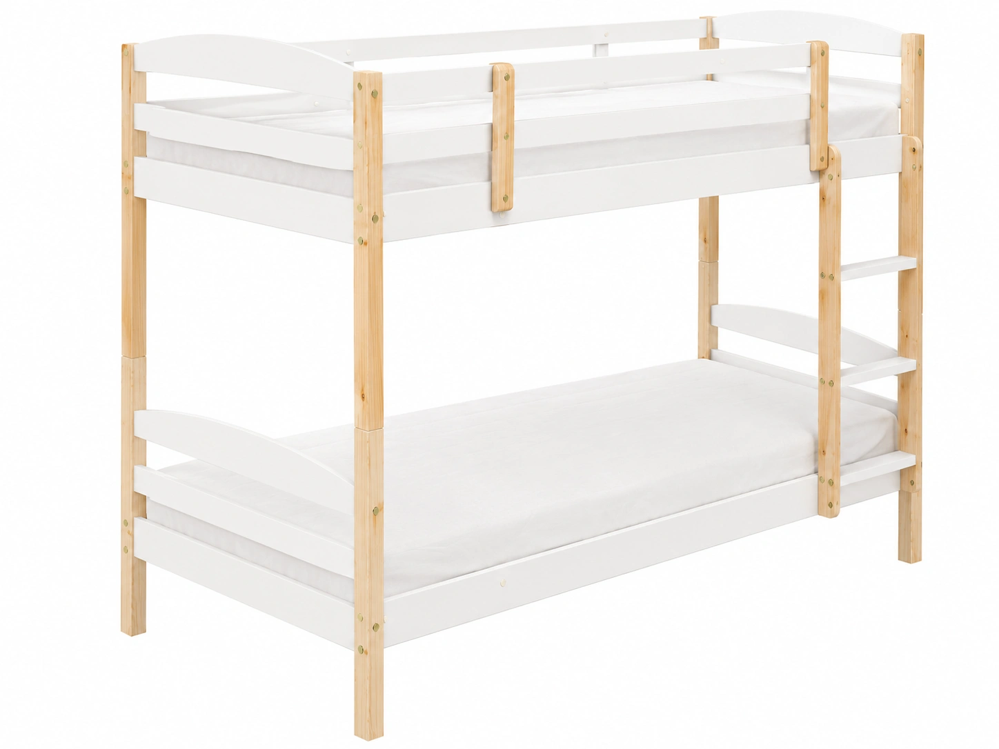 Litera infantil blanca con detalles de madera natural, escalera lateral y barandillas de seguridad-urbanlisse