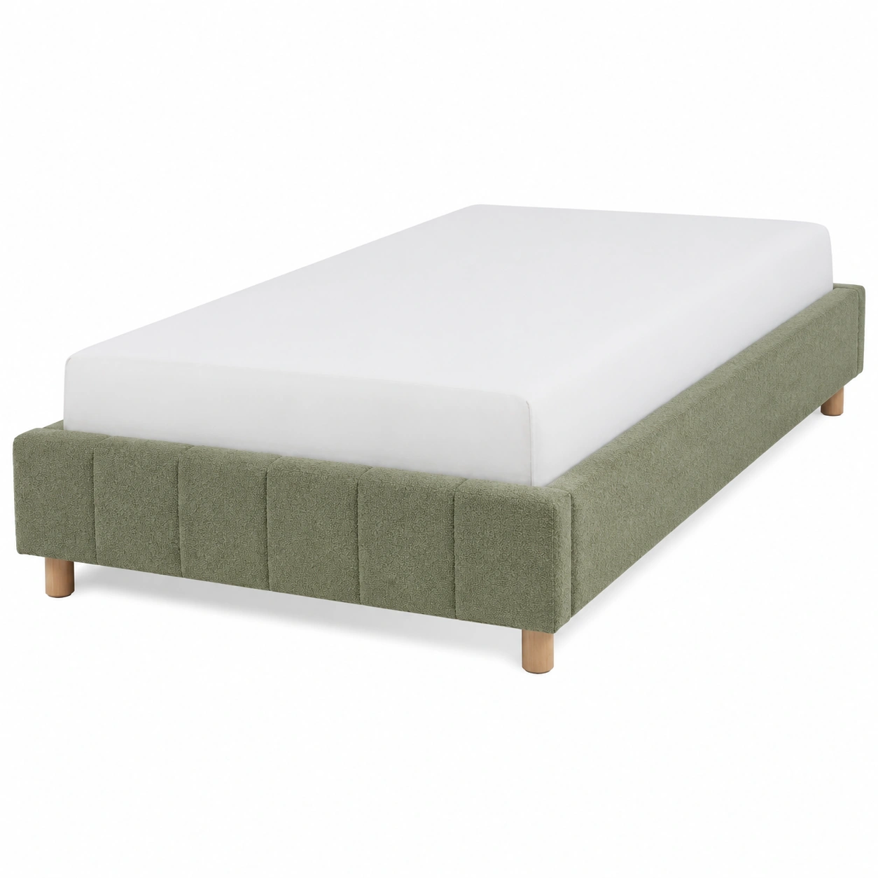 Base de cama tapizada minimalista con panel frontal acolchado y patas de madera verde salvia para dormitorio moderno-urbanlisse