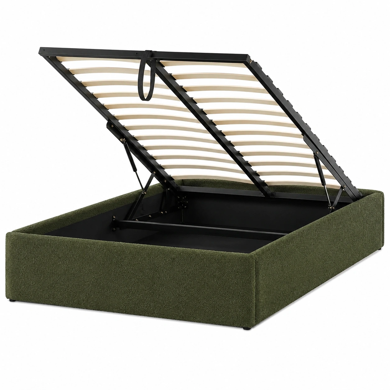 Base de cama elevable tapizada de tela bouclette verde oliva con almacenamiento oculto y soporte reforzado-urbanlisse