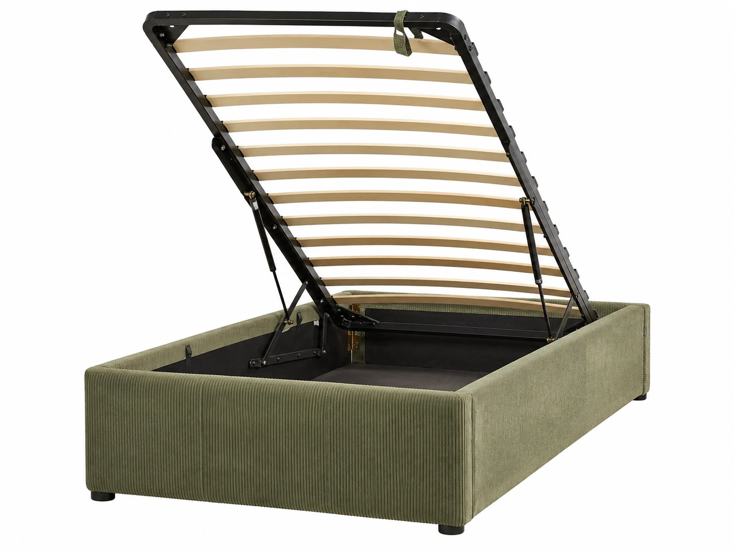 Base de cama tapizada elevable de pana verde musgo con almacenamiento interior y diseno contemporaneo-urbanlisse