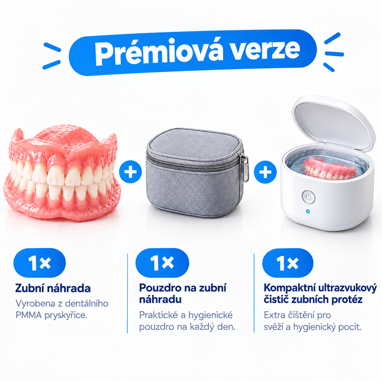 Zubní náhrady z dentální PMMA pryskyřice – přirozený odstín, vysoká odolnost a pohodlné přizpůsobení ústní dutině. 