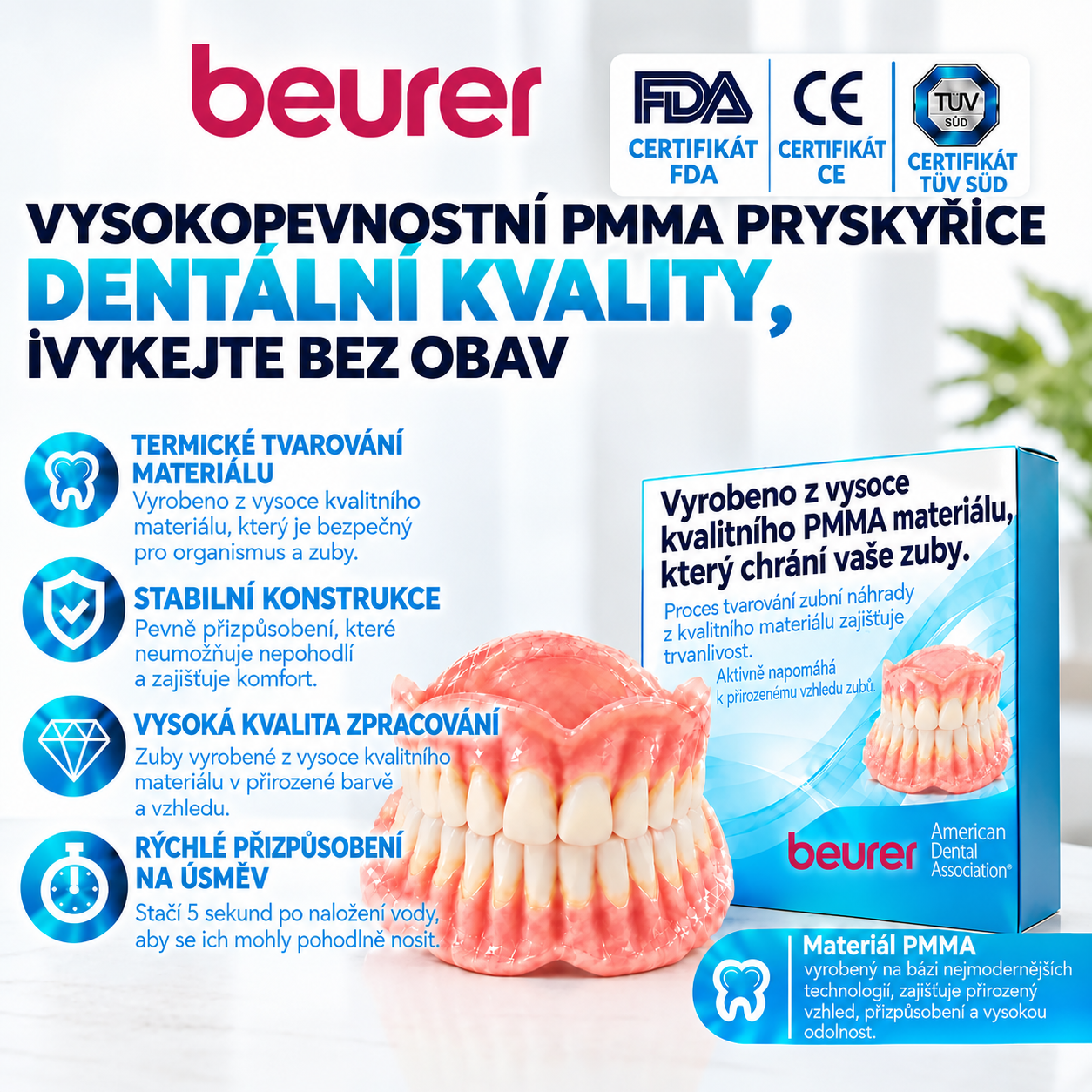 Zubní náhrady Omron™ z dentální pryskyřice PMMA – přirozený odstín, vysoká odolnost a pohodlné přizpůsobení ústní dutině.