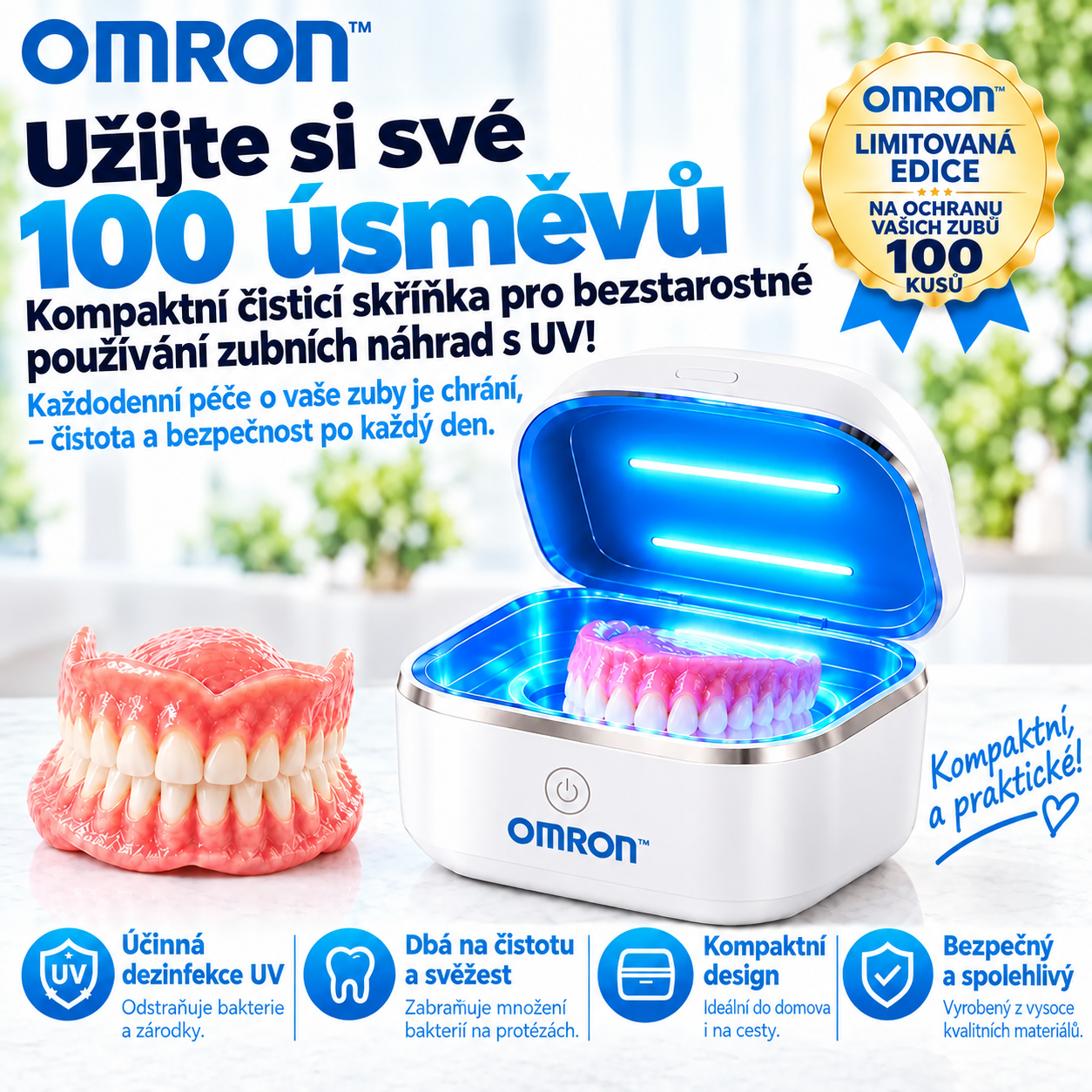 Zubní náhrady OMRON™ z dentální pryskyřice PMMA – přirozený odstín, vysoká odolnost a pohodlné přizpůsobení ústní dutině.