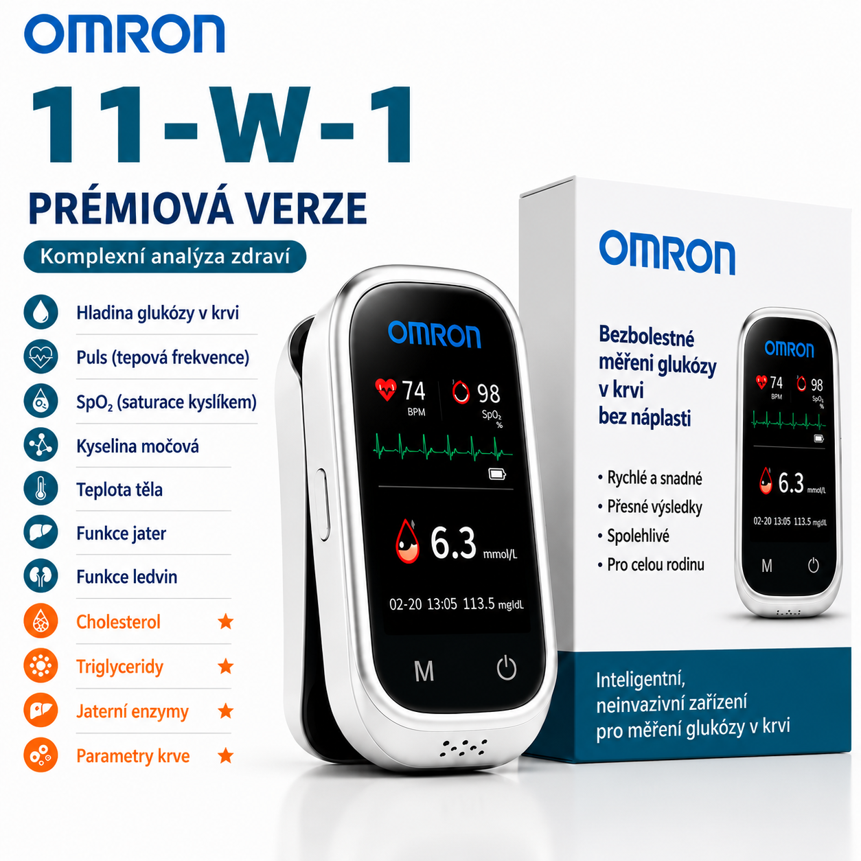 🩸 Omron™ 11v1 bezbolestný glukometr bez píchání • Bez testovacích proužků • Výsledky za pouhých 5 sekund