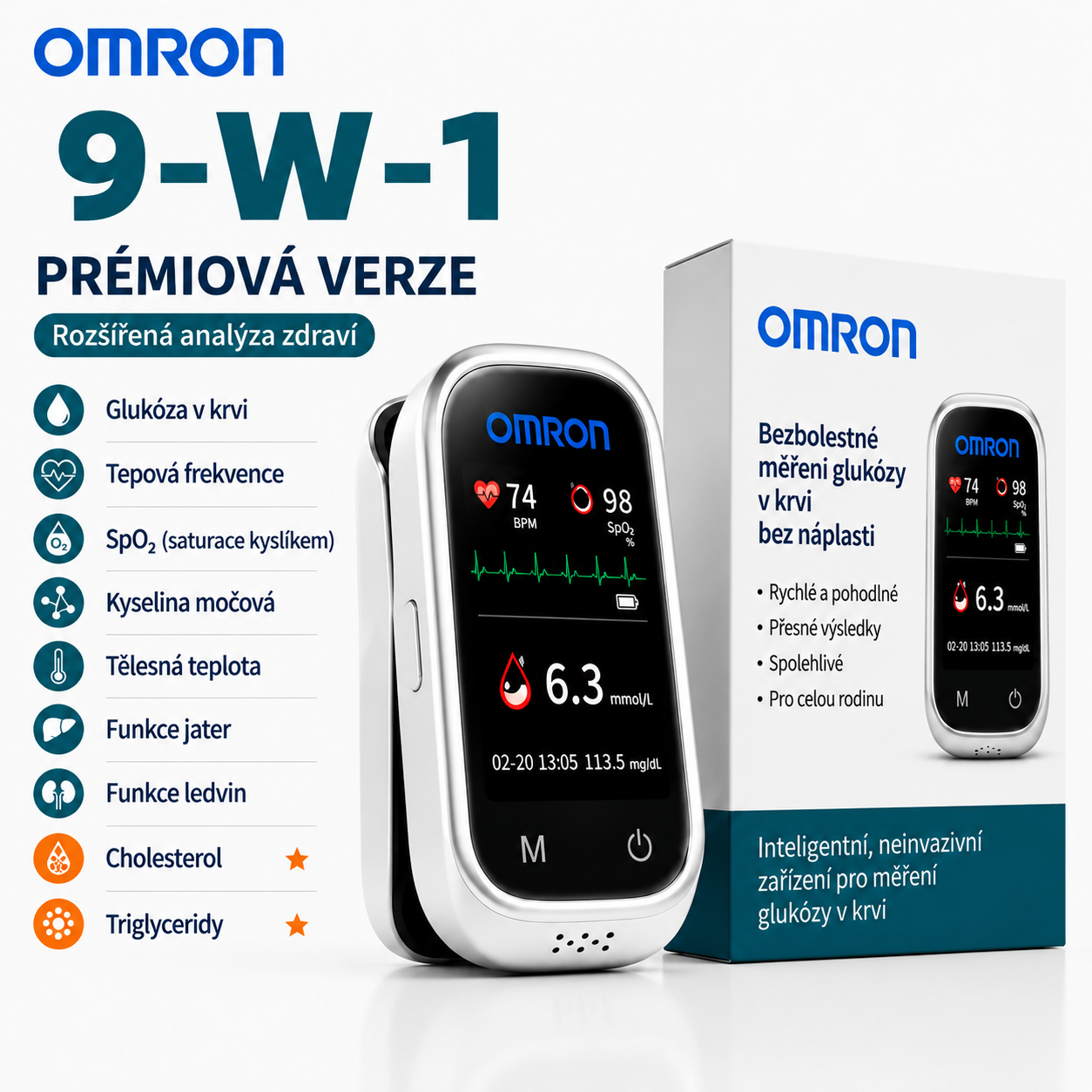 🩸 Omron™ 11v1 bezbolestný glukometr bez píchání • Bez testovacích proužků • Výsledky za pouhých 5 sekund