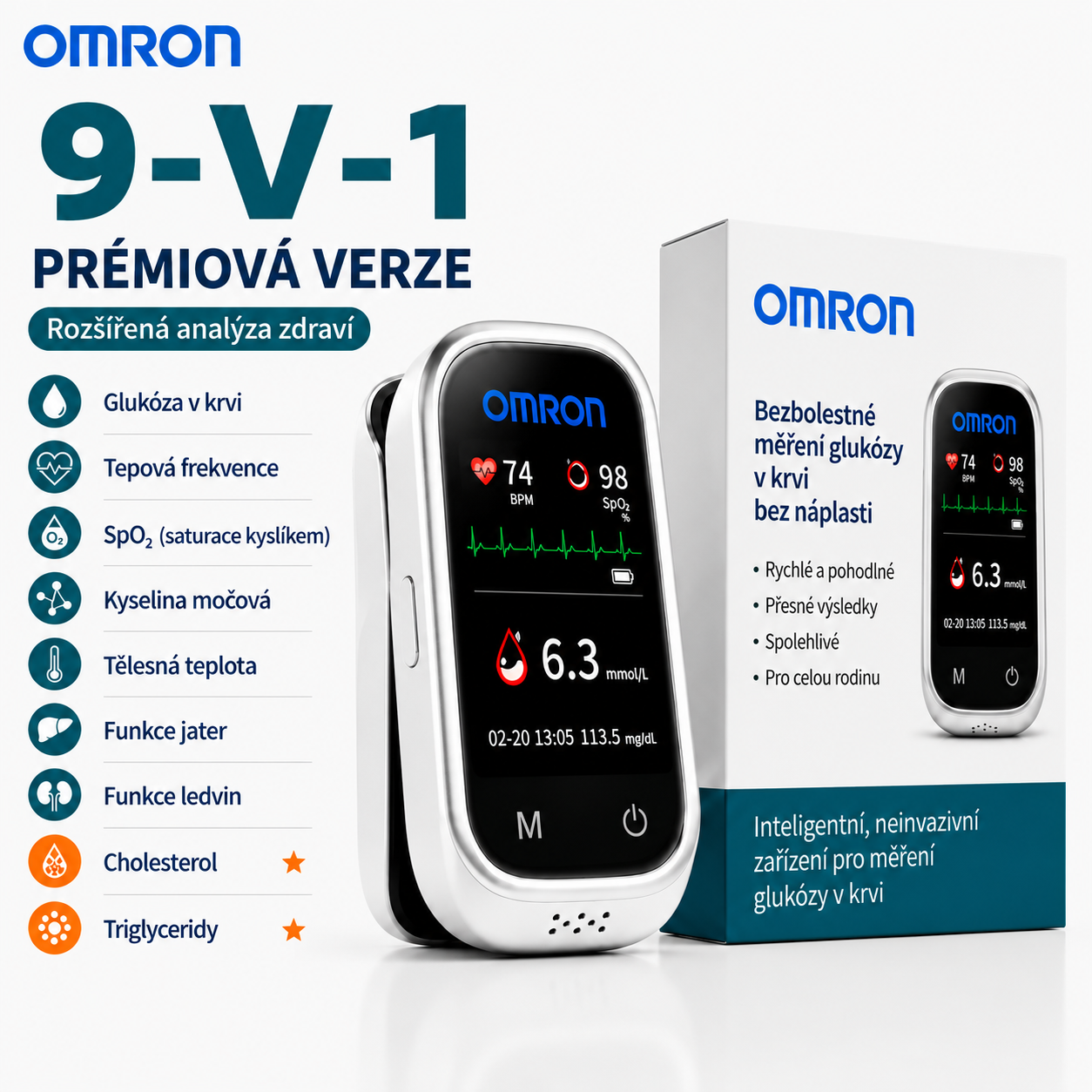 🩸 Omron™ 11v1 bezbolestný glukometr bez píchání • Bez testovacích proužků • Výsledky za pouhých 5 sekund