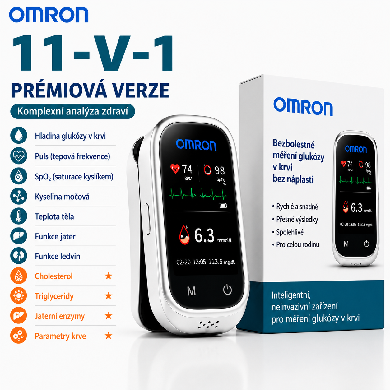 🩸 Omron™ 11v1 bezbolestný glukometr bez píchání • Bez testovacích proužků • Výsledky za pouhých 5 sekund