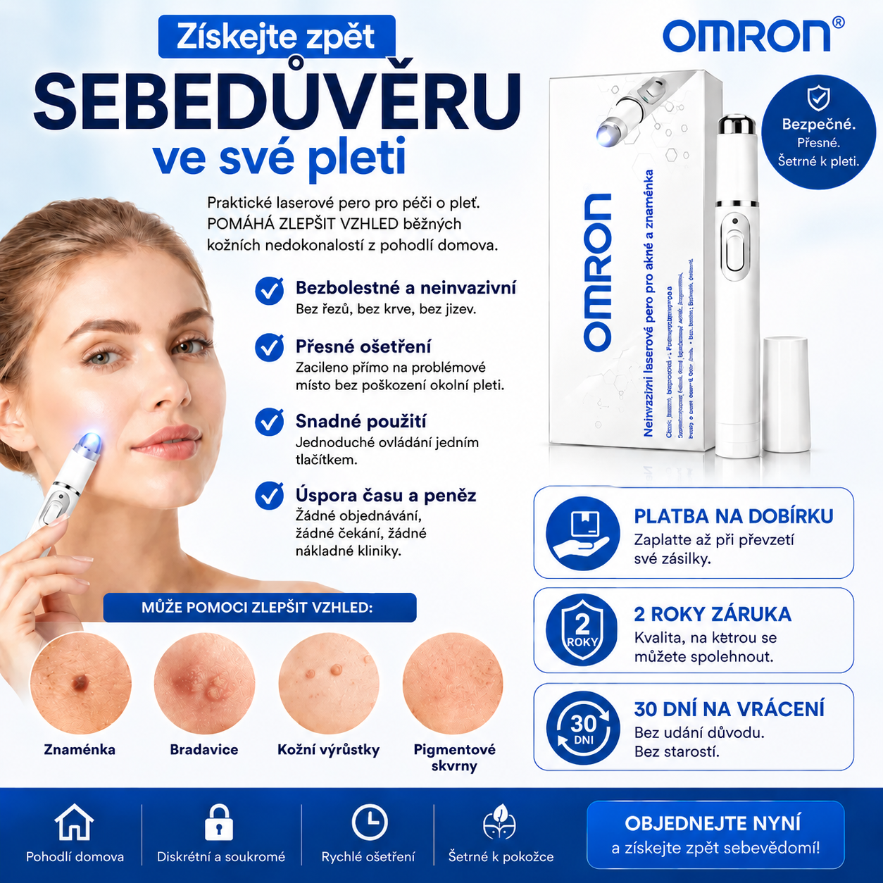 Multifunkční pero na odstraňování znamének po celém těle Omron™ je bezbolestné a neinvazivní. Umožňuje rychlé odstranění znamének z pohodlí vašeho domova, a to zcela bez jizev. Vyrobeno v USA.