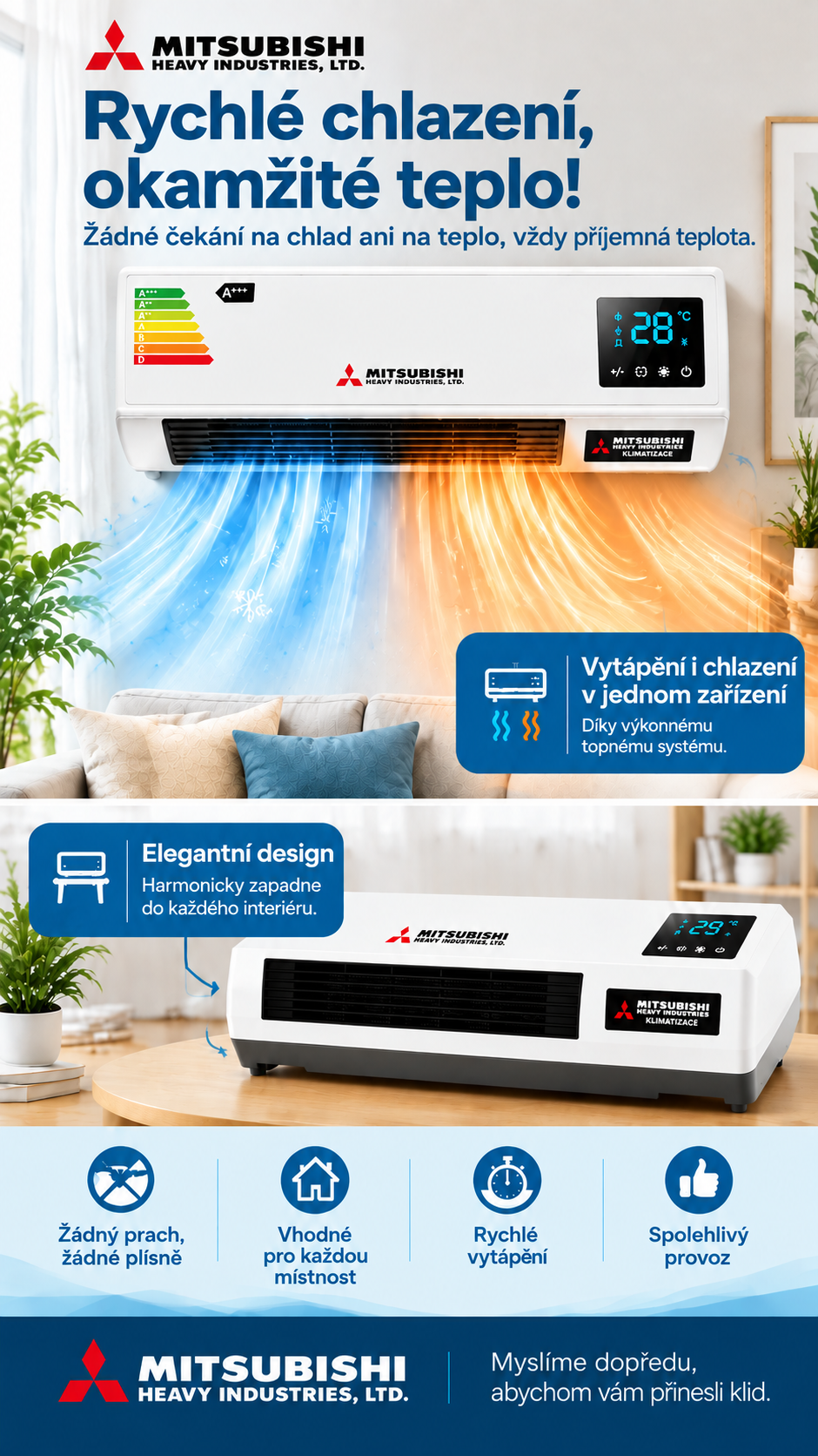 🏠 Klimatizace 2 v 1 Mitsubishi Heavy Industries – bez vrtání a s jednoduchou instalací! Rychlé chlazení, účinné vytápění, nízká spotřeba, tichý komfort a UV čištění vzduchu po celý rok!