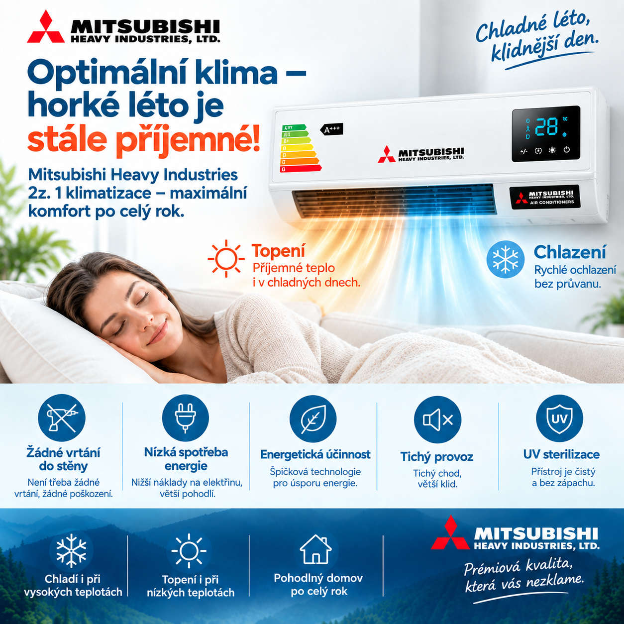 🏠 Klimatizace 2 v 1 Mitsubishi Heavy Industries – bez vrtání a s jednoduchou instalací! Rychlé chlazení, účinné vytápění, nízká spotřeba, tichý komfort a UV čištění vzduchu po celý rok!