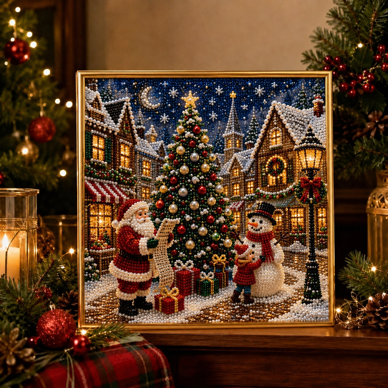 🎄🎅 Premium 3D Pearl Christmas Wall Art Kit | Luxury Flocked Canvas with Scratch-Resistant Non-Fading Pearl Beads DIY Holiday Decor ⛄️❄️