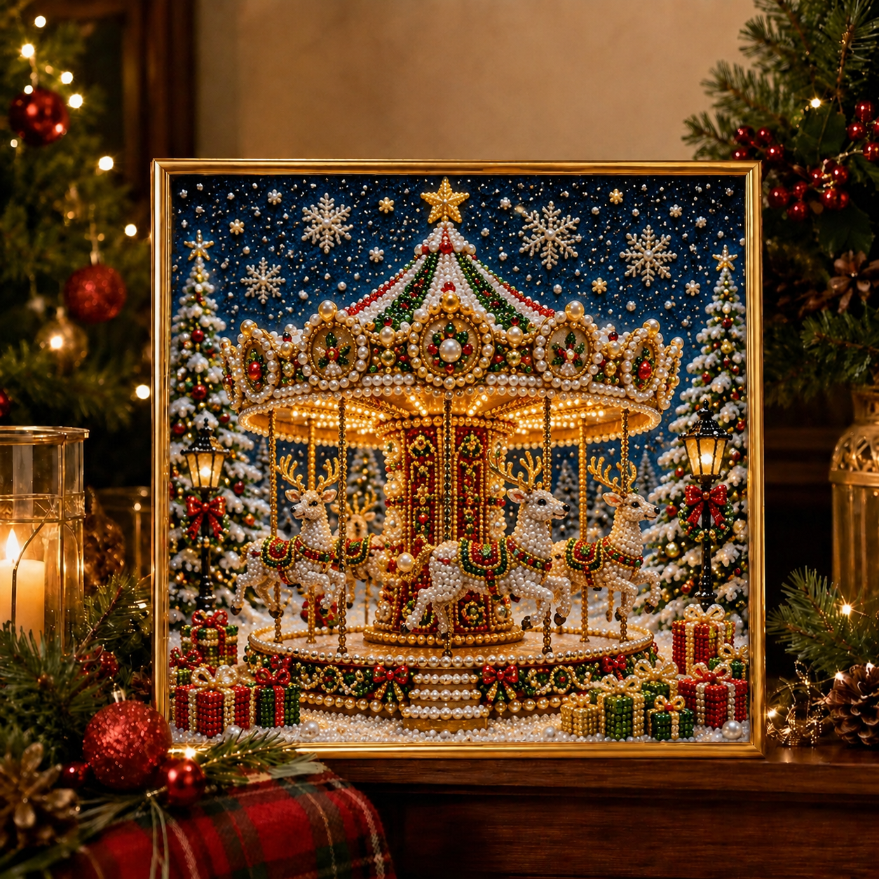🎄🎅 Premium 3D Pearl Christmas Wall Art Kit | Luxury Flocked Canvas with Scratch-Resistant Non-Fading Pearl Beads DIY Holiday Decor ⛄️❄️