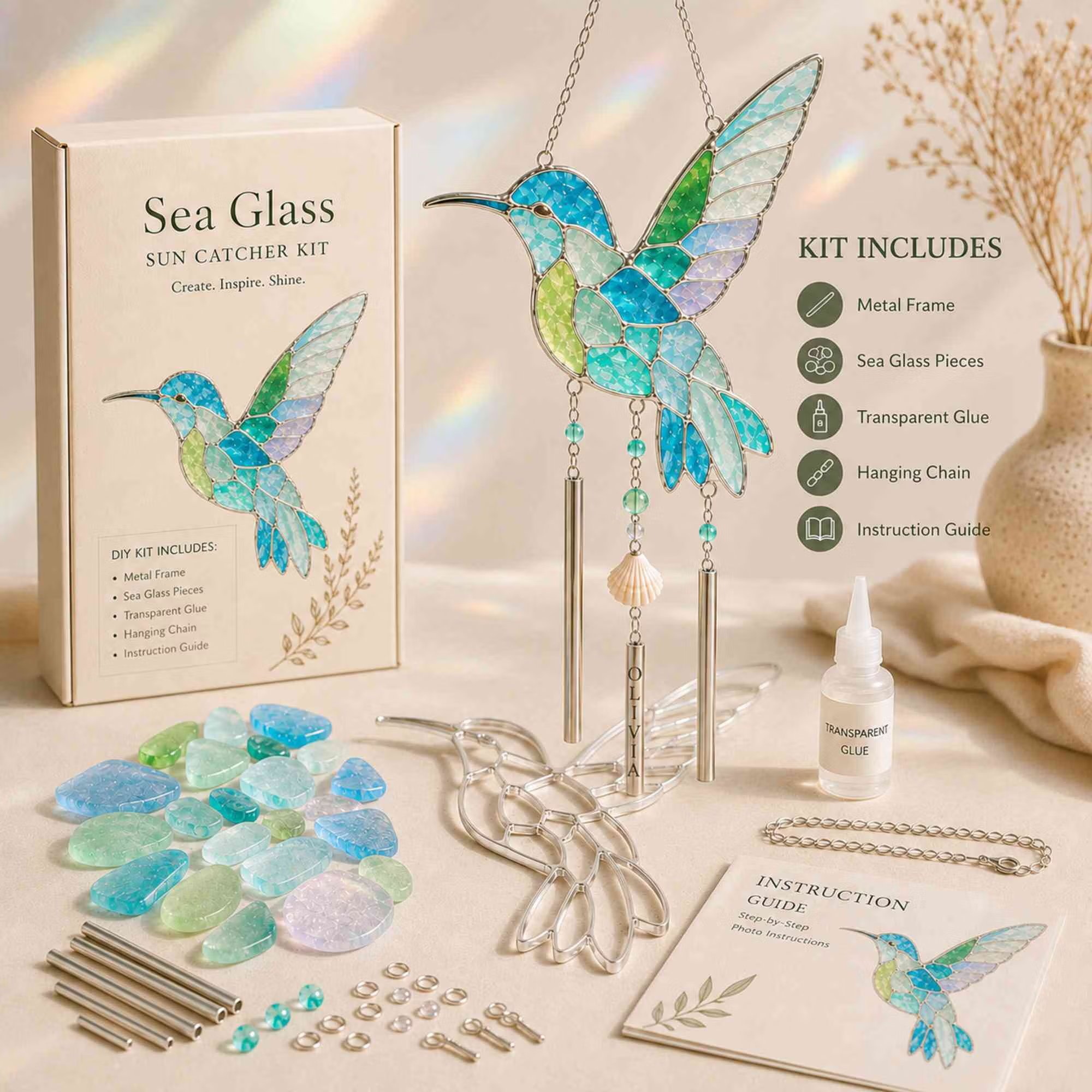 Personalized Coastal Glow Sea Glass Suncatcher Wind Chime Kit Collection with Text, Home Decor, Birthday Gift for Ocean Lovers