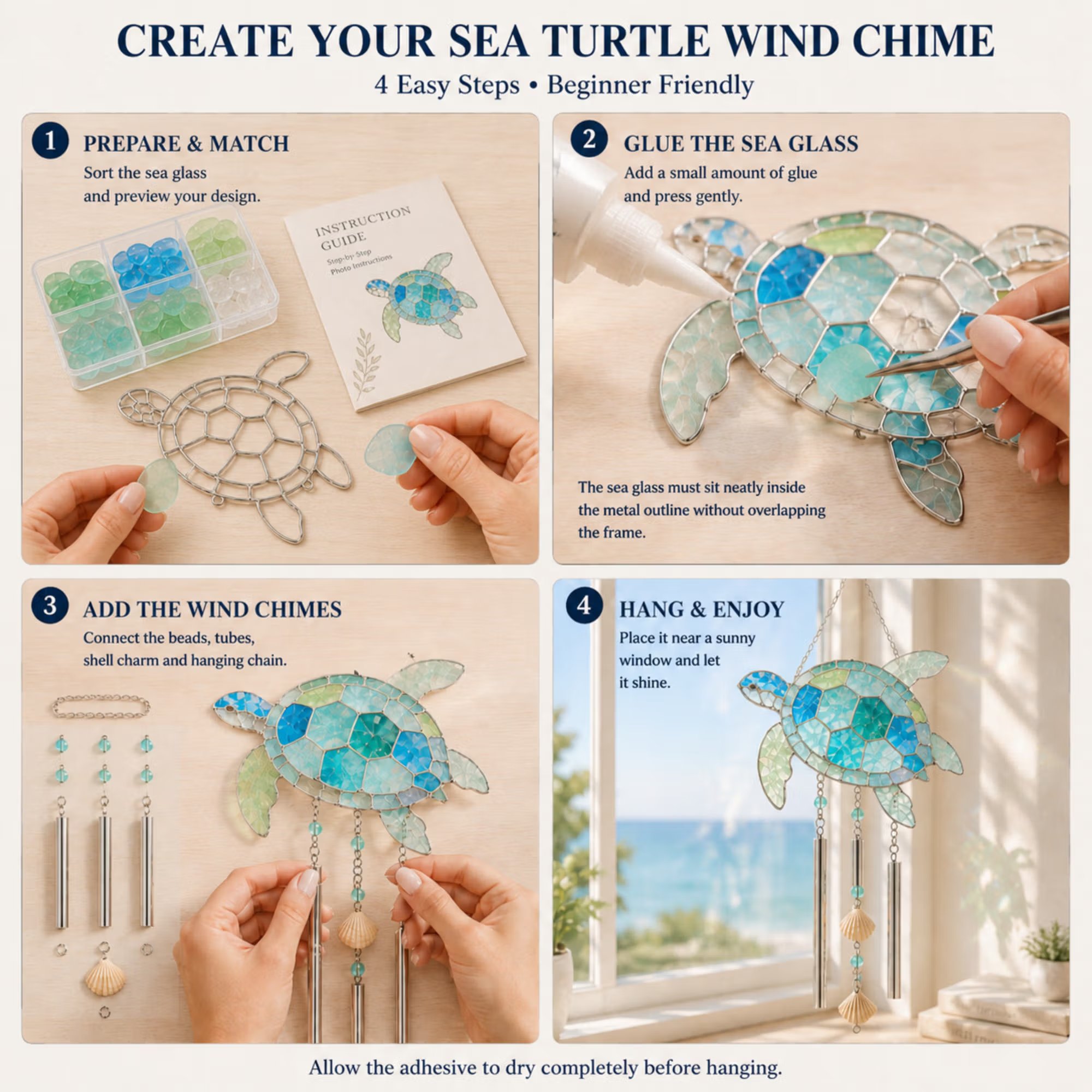 Personalized Coastal Glow Sea Glass Suncatcher Wind Chime Kit Collection with Text, Home Decor, Birthday Gift for Ocean Lovers