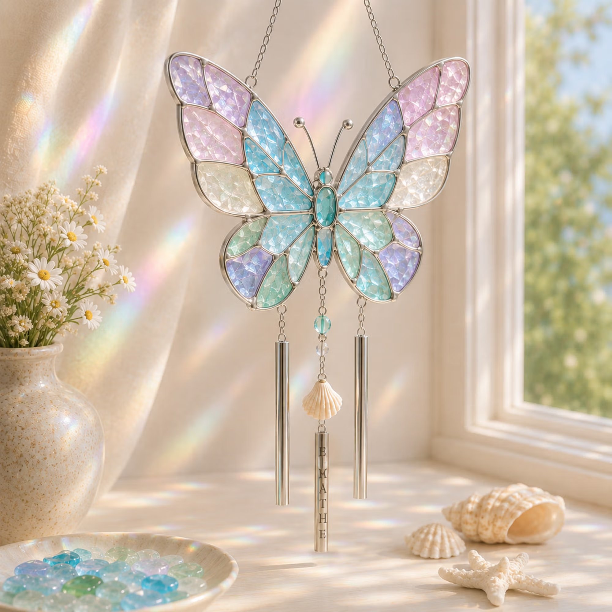Personalized Coastal Glow Sea Glass Suncatcher Wind Chime Kit Collection with Text, Home Decor, Birthday Gift for Ocean Lovers