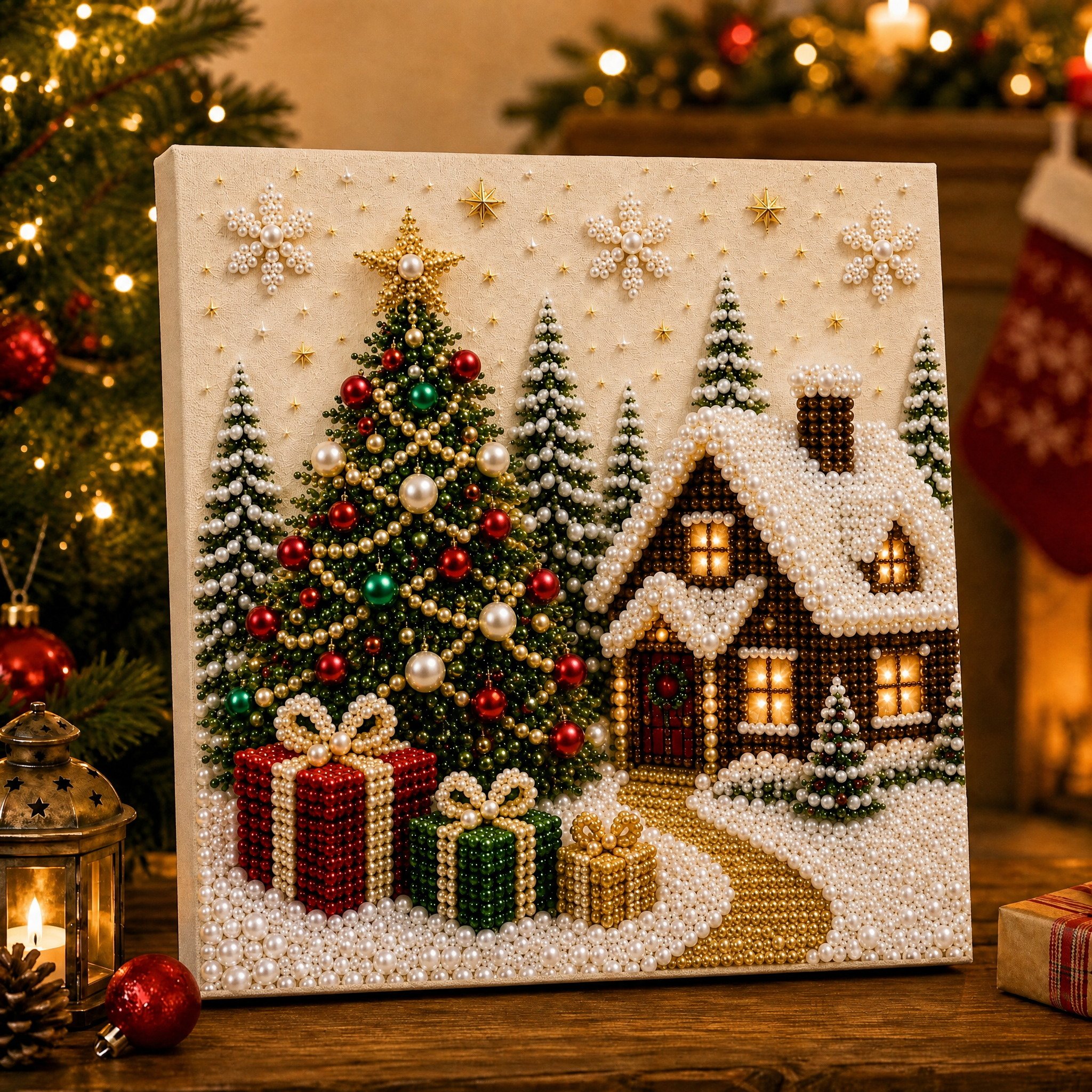 🎄🎅 Premium 3D Pearl Christmas Wall Art Kit | Luxury Flocked Canvas with Scratch-Resistant Non-Fading Pearl Beads DIY Holiday Decor ⛄️❄️