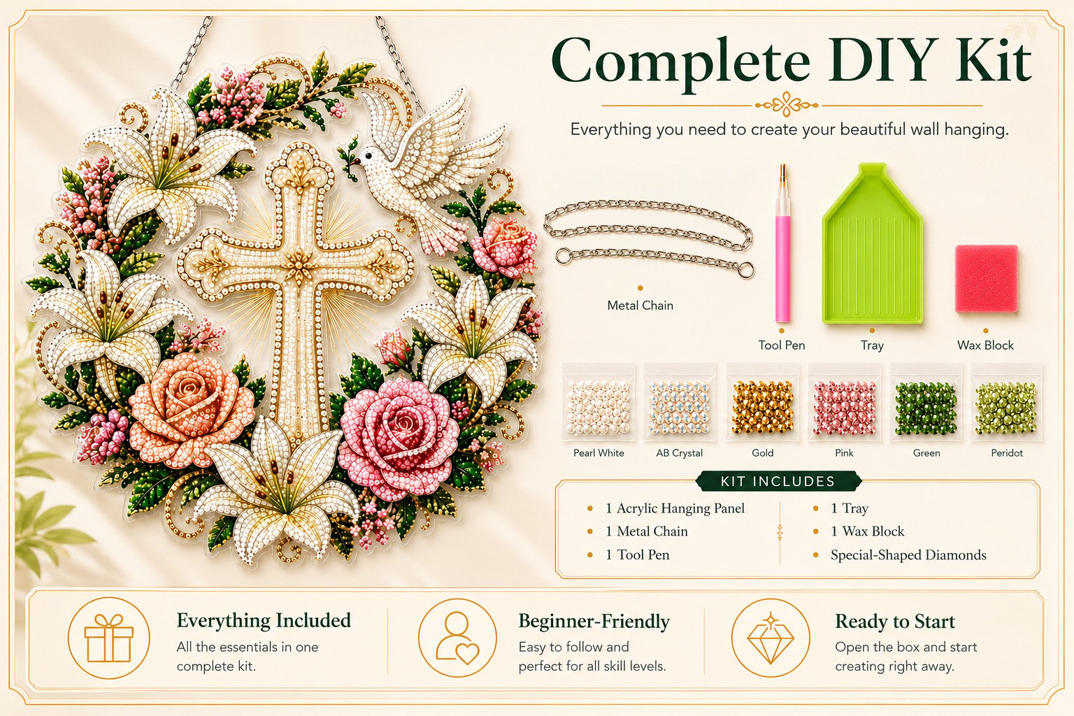 🕊️Last Day Promo: 49% OFF 💐 Cross, Flowers & Dove Diamond Art Hanging Ornament Kit – A Relaxing DIY Craft Filled with Faith & Peace ✨🙏