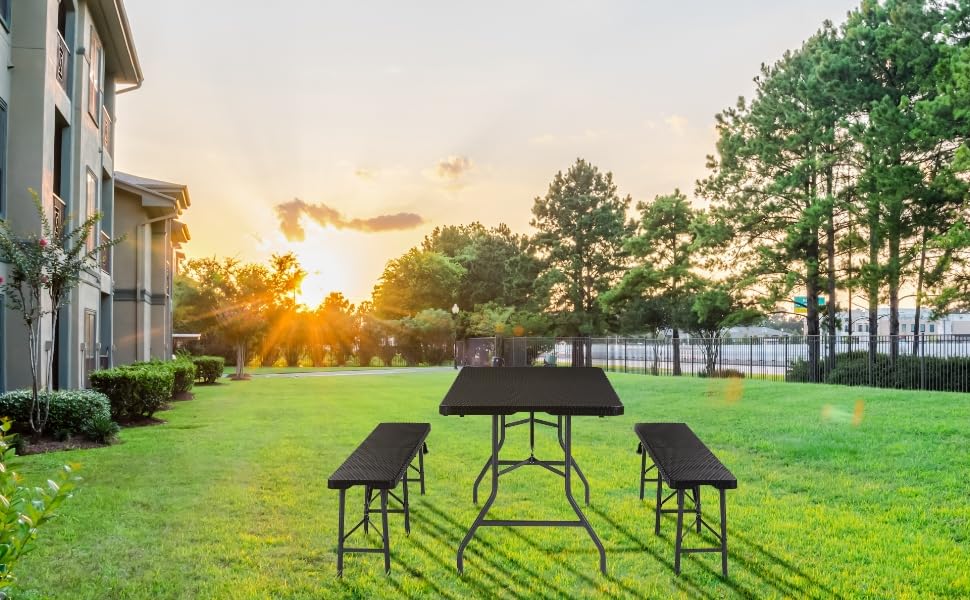 Outdoor picnic table with benches set on grassy lawn at sunset, trees and building visible in background.