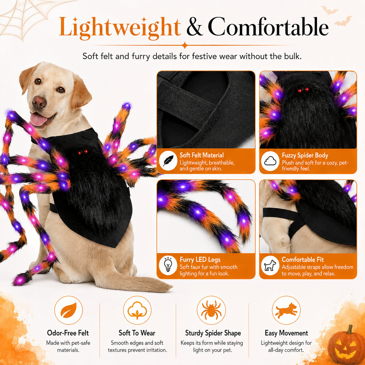 🔥Halloween Spider Dog Costume With 64 Led | Adjustable Self-adhesive Straps, 8 Lighting Modes