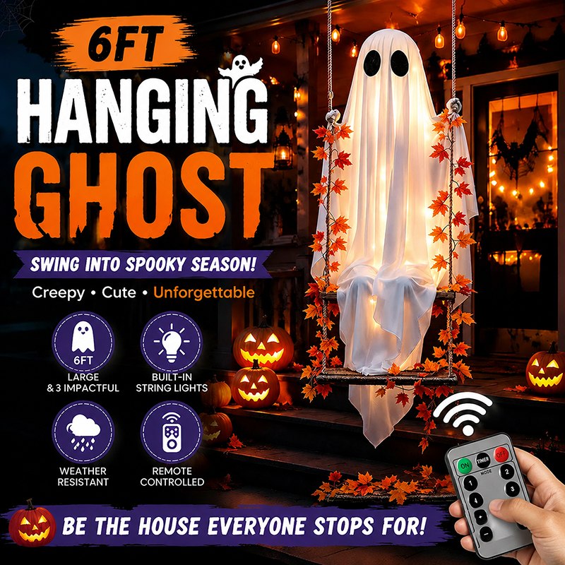 🔥Last Day 50% Off - 71'' Spooky Hanging Ghost Porch Swing Ornament
