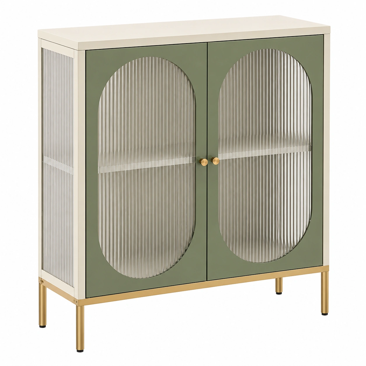Aparador moderno verde oliva con puertas de vidrio acanalado y estructura dorada-novaverno