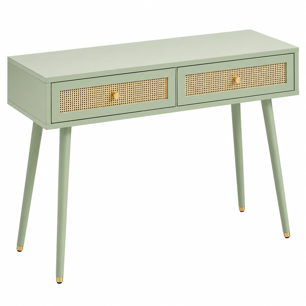 Escritorio moderno verde salvia con cajones de ratan y patas metalicas-novaverno