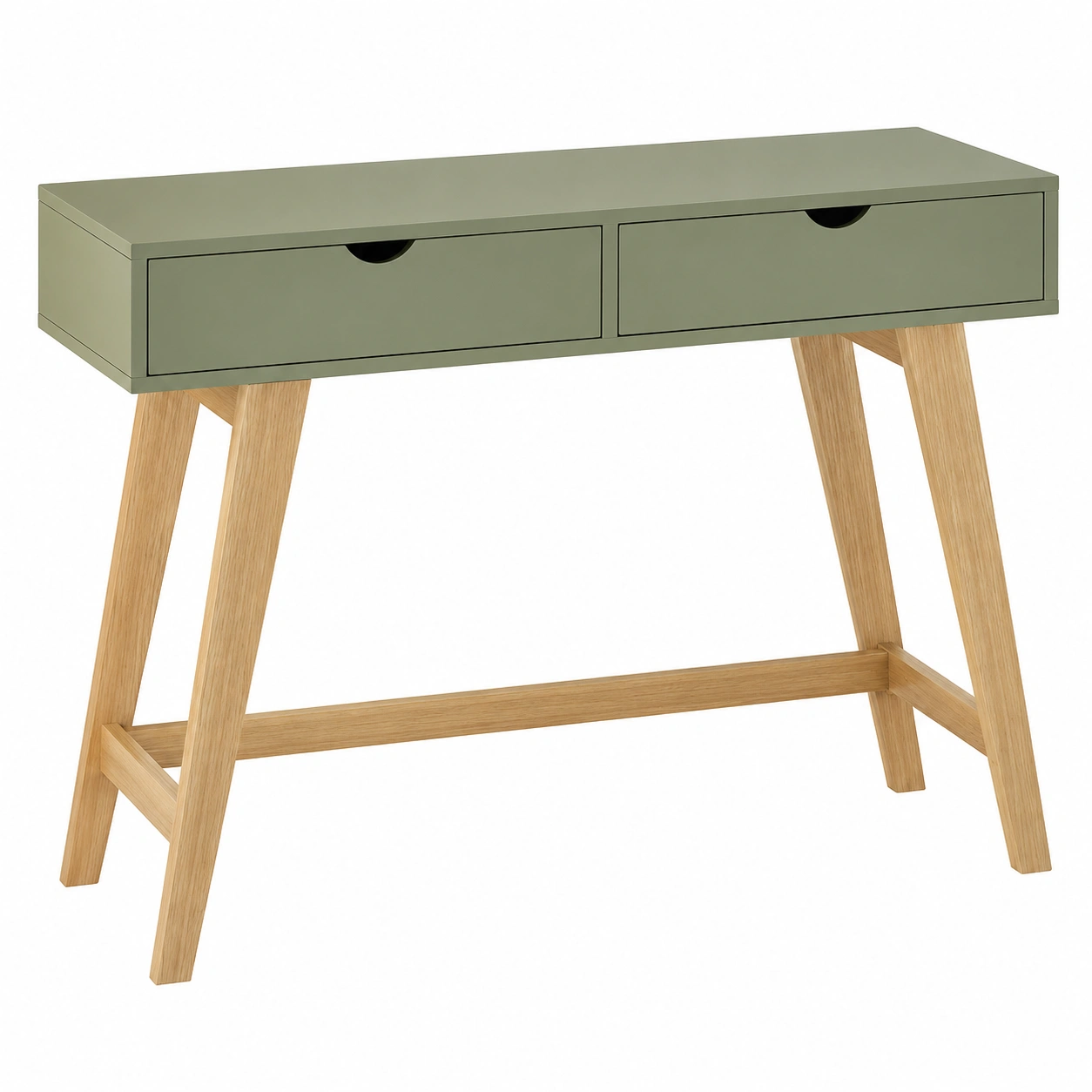 Escritorio moderno verde grisaceo con dos cajones y patas de madera natural-novaverno