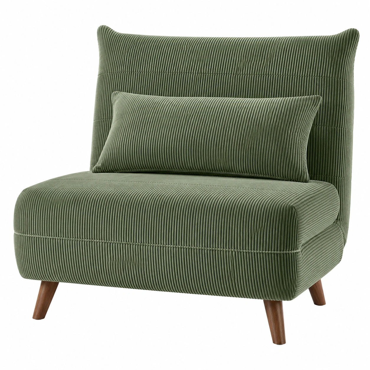 Sillon individual tapizado en pana verde oliva con cojin lumbar y patas de madera-novaverno