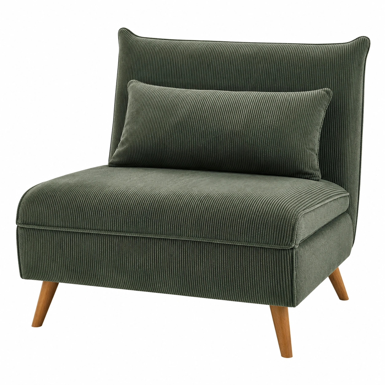 Sillon individual tapizado en pana verde oscuro con cojin rectangular y patas de madera natural-novaverno