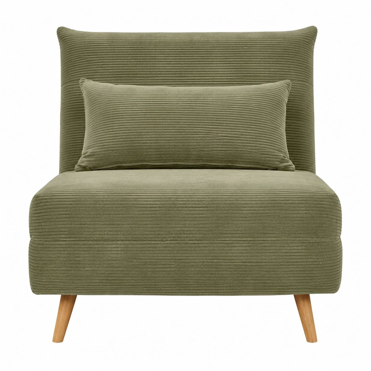Sillon individual tapizado en pana verde oliva con respaldo ancho y cojin lumbar alargado-novaverno