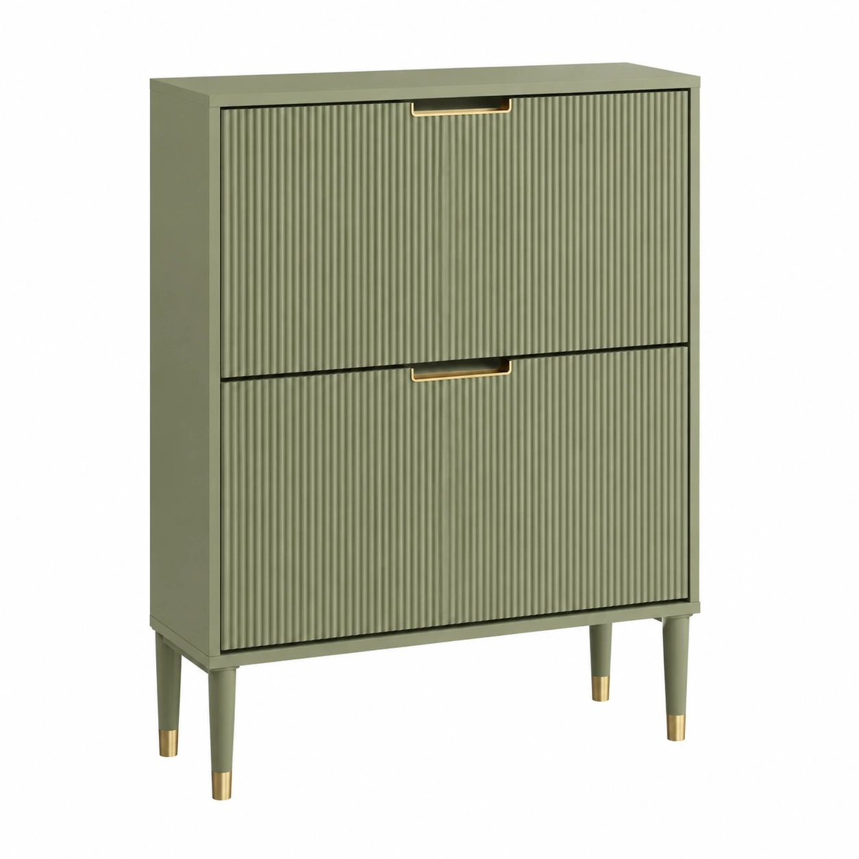 Zapatero vertical verde oliva con puertas abatibles acanaladas y detalles dorados para entrada moderna-novaverno