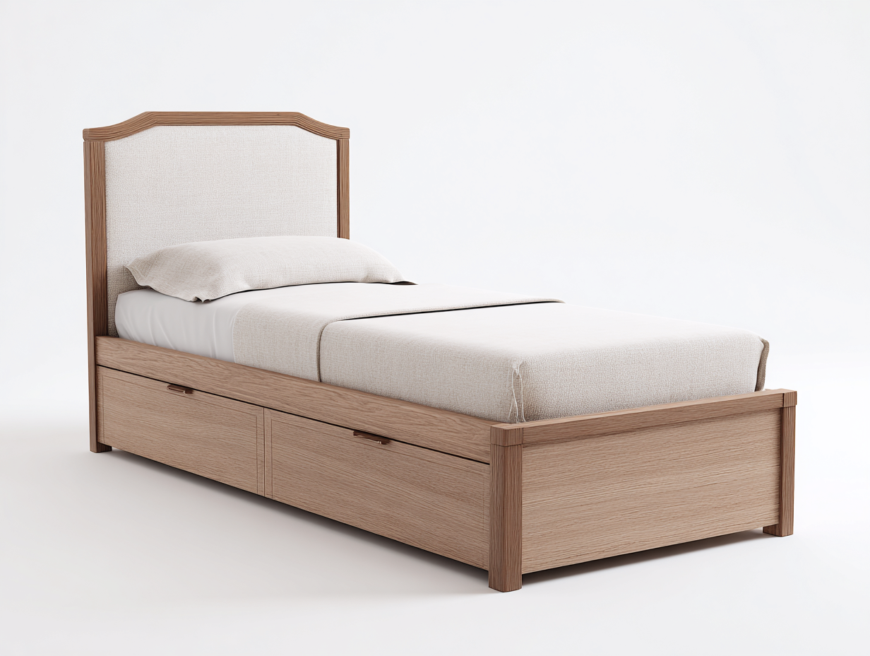 Einzelbett Holz Stoff 200x100x100 cm - Naturholz Beige - Klassisches Design mit Stauraum - Für Schlafzimmer geeignet-Oakuplab
