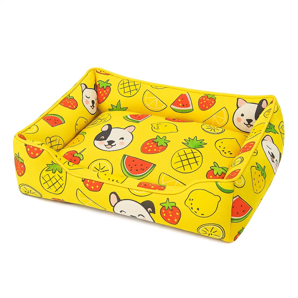 Hundebett Gelb mit Tier- und Fruchtemuster aus Baumwolle-decorinspiredhub