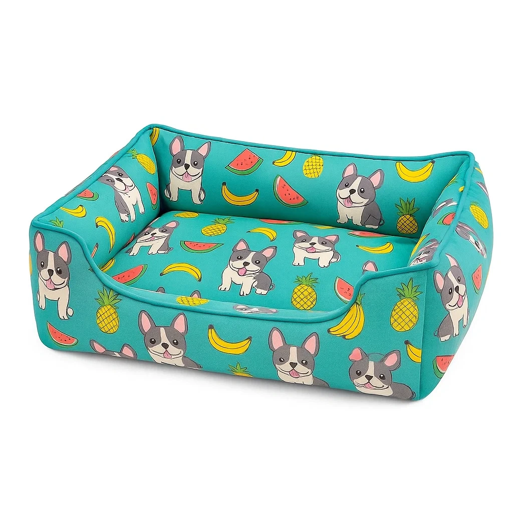 Haustierbett aus Polyester mit Hunde- und Fruchtmuster, Türkis, 60x45x20cm-decorinspiredhub