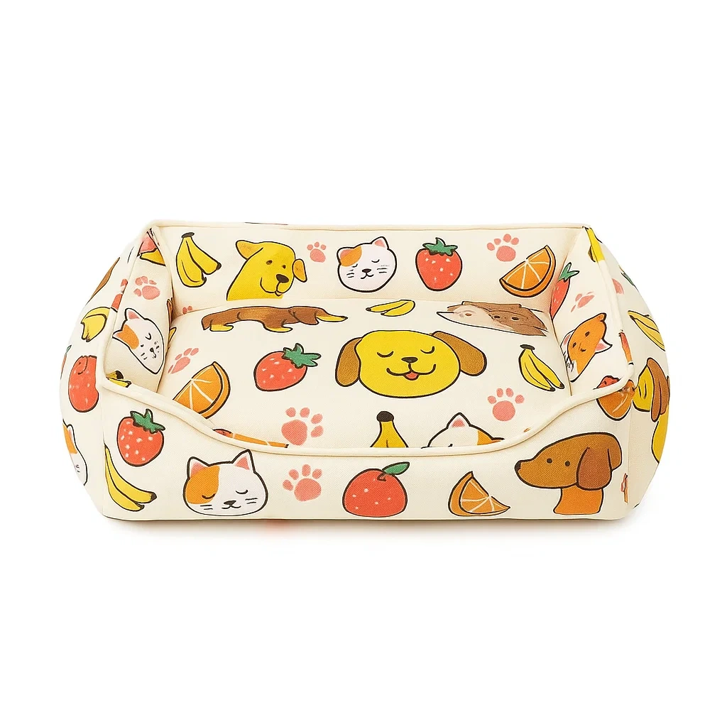 Haustierbett aus Baumwolle mit Cartoon-Muster, Beige-decorinspiredhub