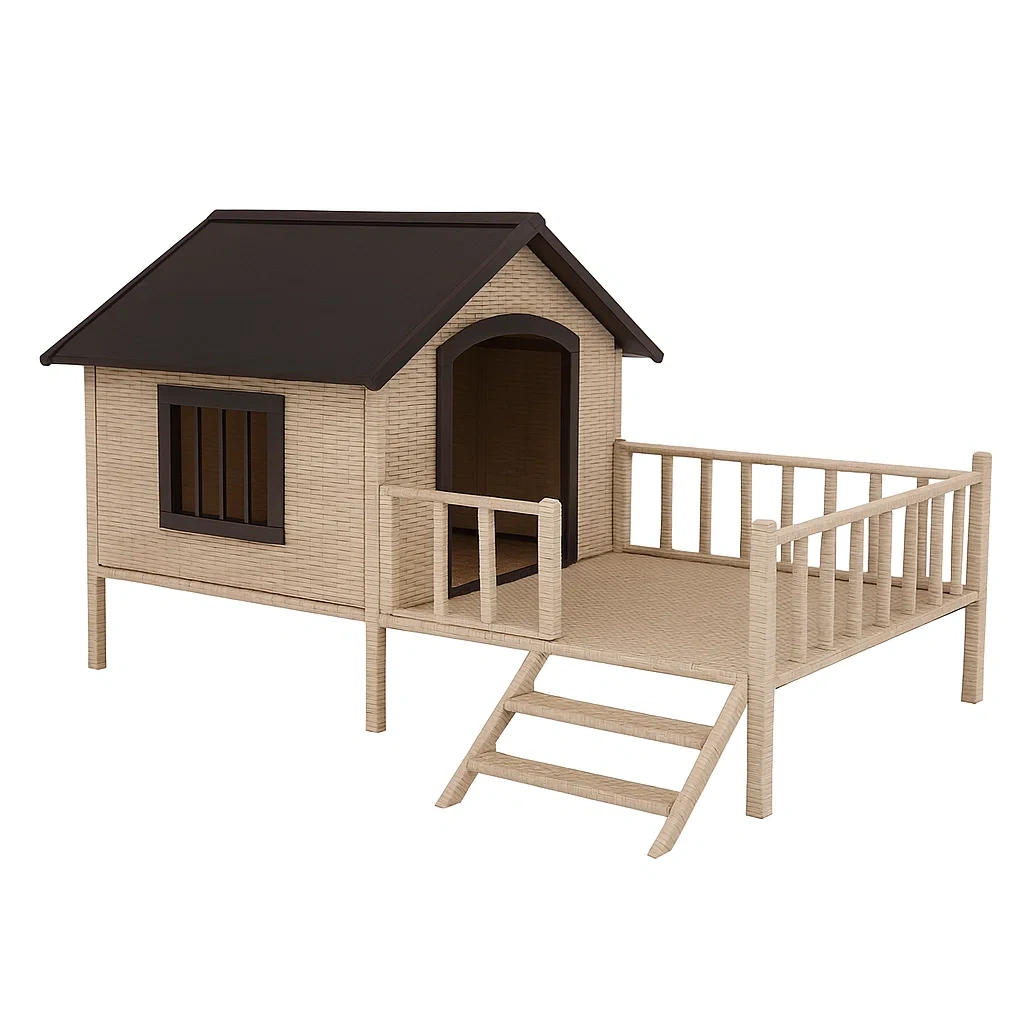 Hundehütte mit Terrasse Polypropylen Beige/Schwarz 120x95x90 cm-decorinspiredhub