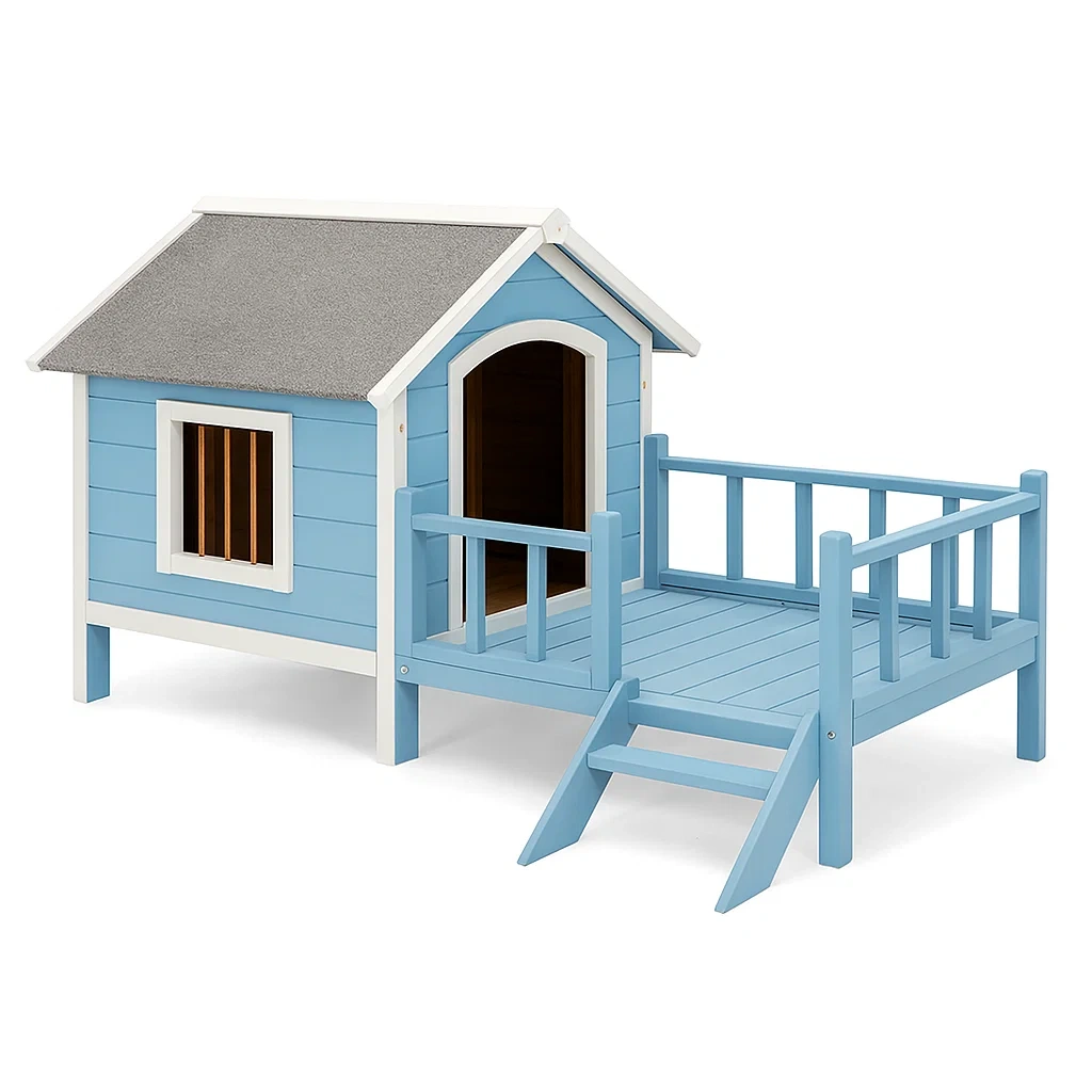 Holz-Hundehütte Blau mit Veranda und Treppe-decorinspiredhub