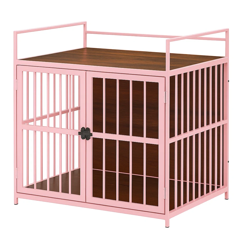 Metall Hundekäfig mit Holzplatte Rosa-decorinspiredhub
