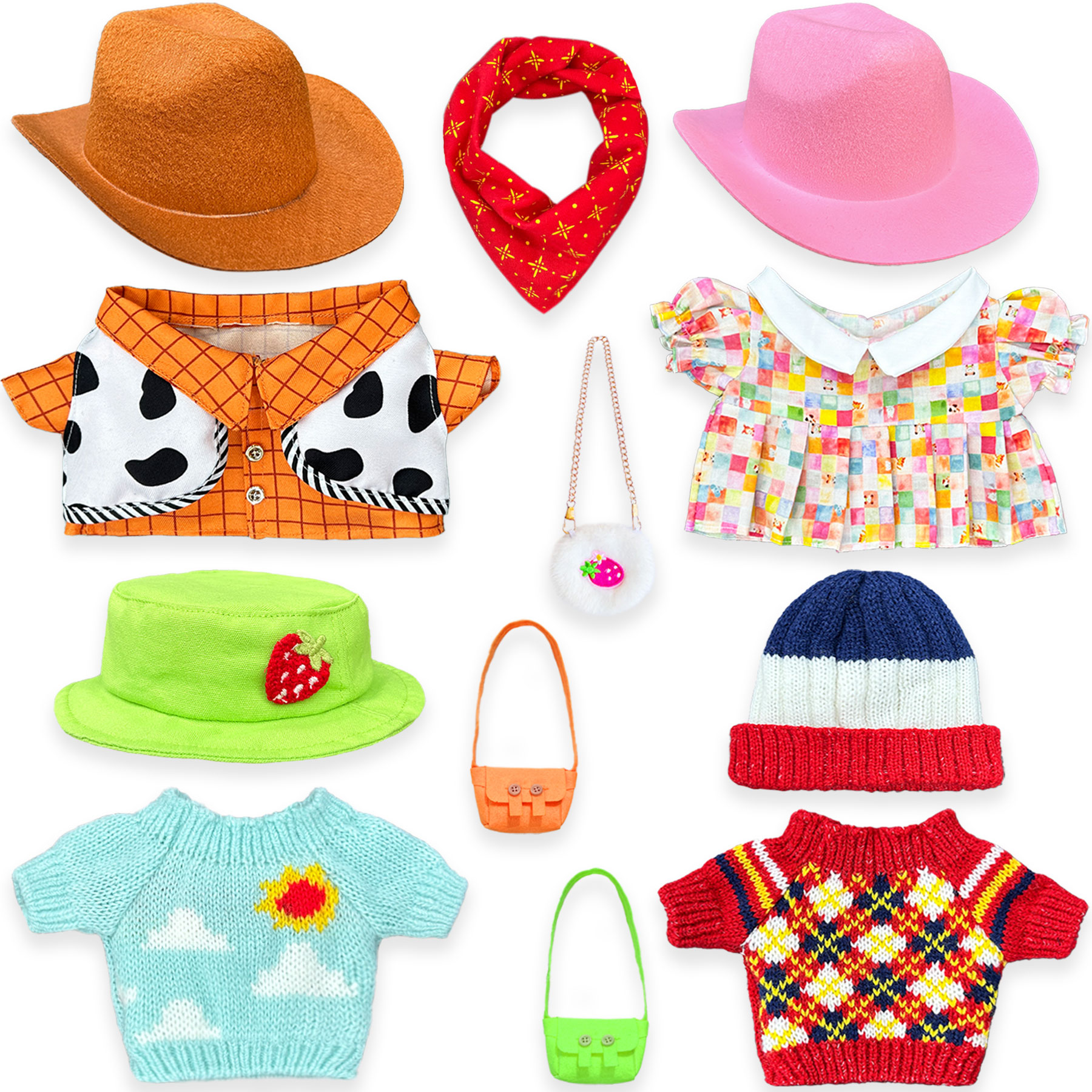 Capybara Plush Clothes & Accessories Set for 12 in Stuffed Animal, Dress Up Outfit Set with Hats, Sweaters, Dresses and Bags, Cowboy or Bee Style Plush Toy Clothes