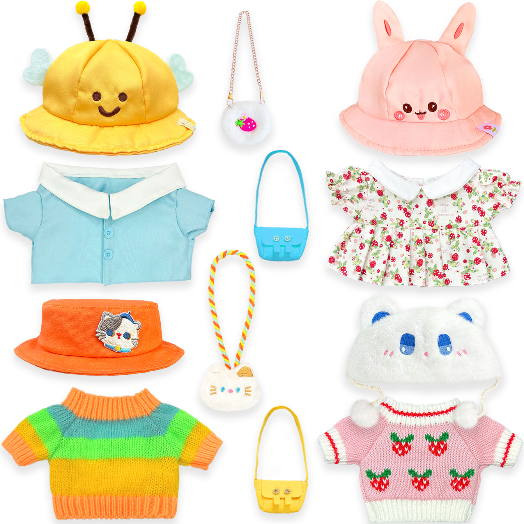 Capybara Plush Clothes & Accessories Set for 12 in Stuffed Animal, Dress Up Outfit Set with Hats, Sweaters, Dresses and Bags, Cowboy or Bee Style Plush Toy Clothes