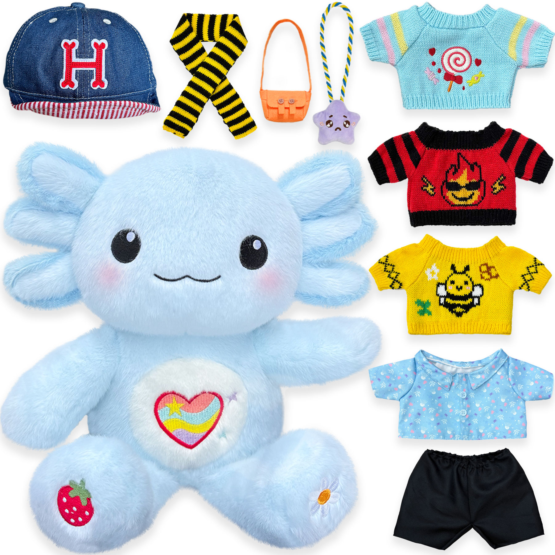 Axolotl Plush with 9 Pcs of Axolotl Stuffed Animal Clothes and Accessories, Axolotl Gifts Ideas for Girls Ages 3 to 12