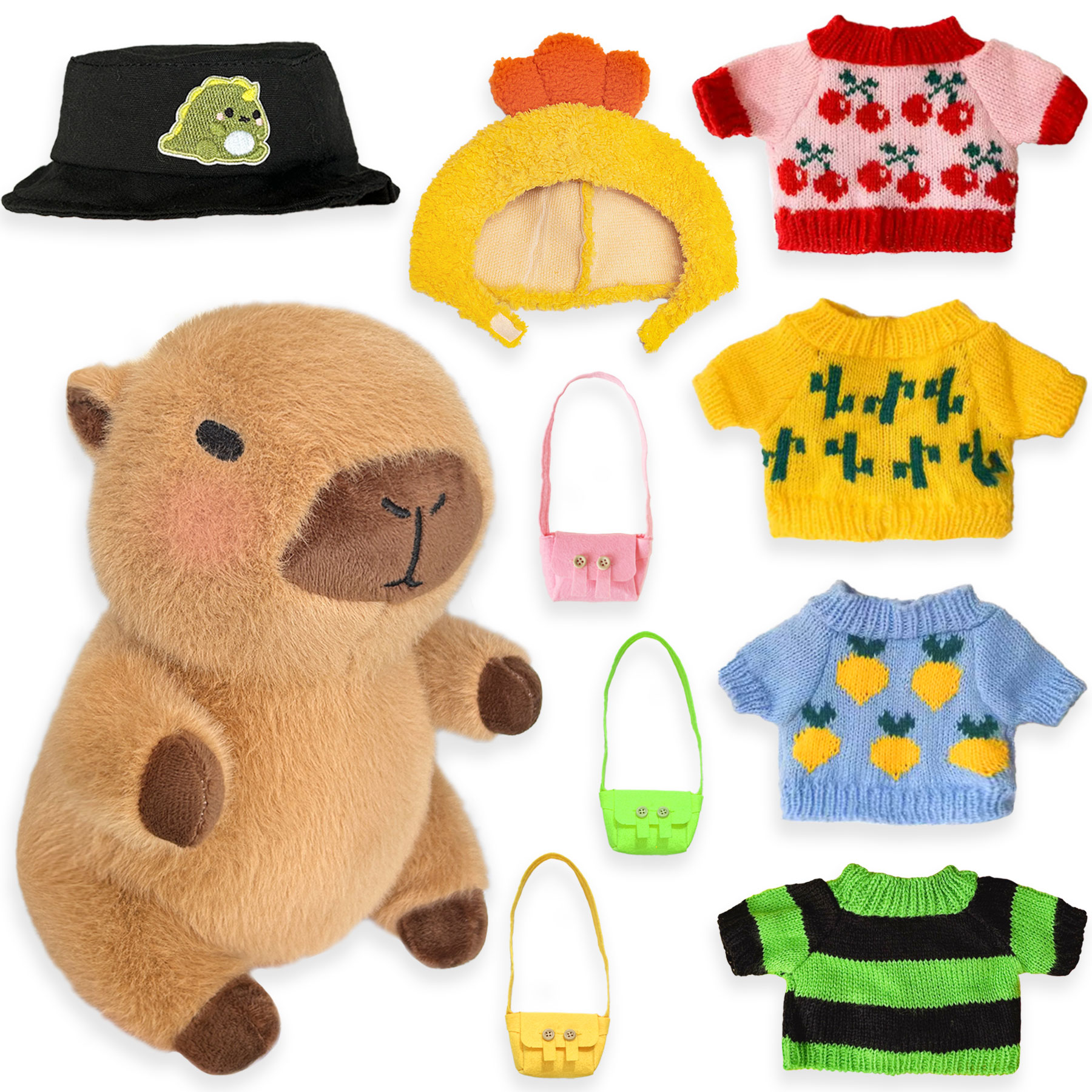 Capybara Plush with 9 Clothes & Accessories, 10.2 in Dress Up Capybara Stuffed Animal, Cute Plush Toy Gift for Kids, Birthday, Graduation Gifts, Classroom Prizes