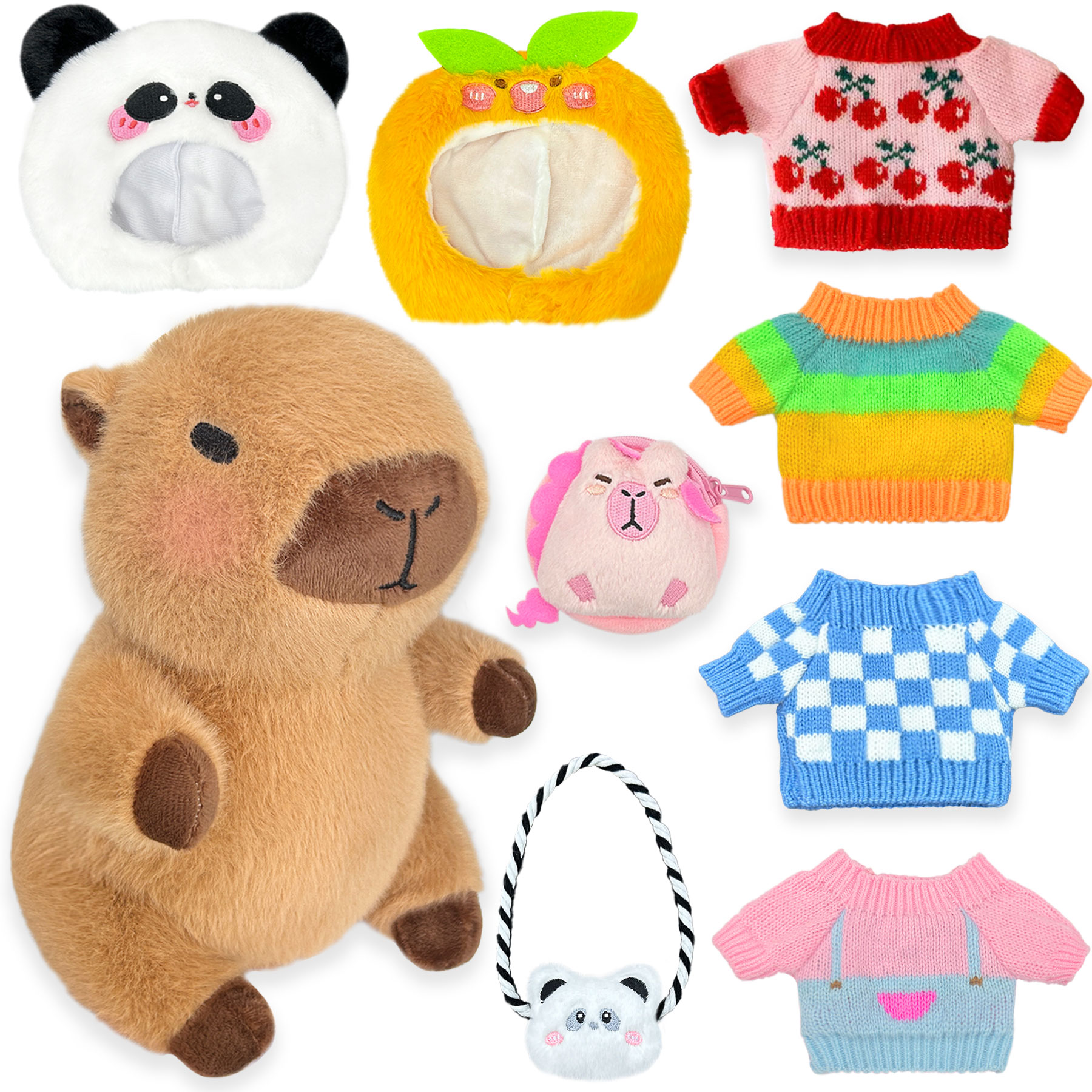 Capybara Plush with 9 Clothes & Accessories, 10.2 in Dress Up Capybara Stuffed Animal, Cute Plush Toy Gift for Kids, Birthday, Graduation Gifts, Classroom Prizes