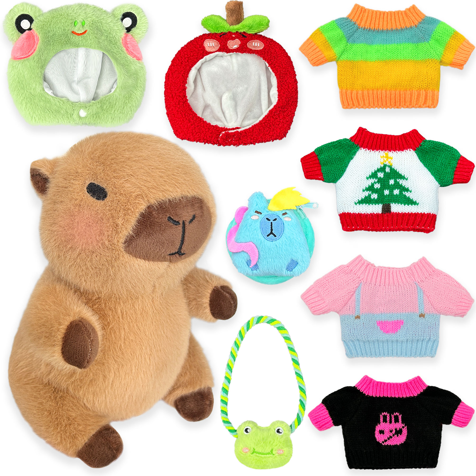 Capybara Plush with 9 Clothes & Accessories, 10.2 in Dress Up Capybara Stuffed Animal, Cute Plush Toy Gift for Kids, Birthday, Graduation Gifts, Classroom Prizes